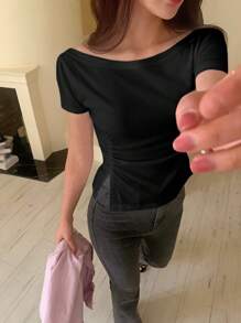 DAZY 女款純色短袖抓皺側開衩修身腰部T恤上衣 露肩上衣 - 黑色 - 查看 7