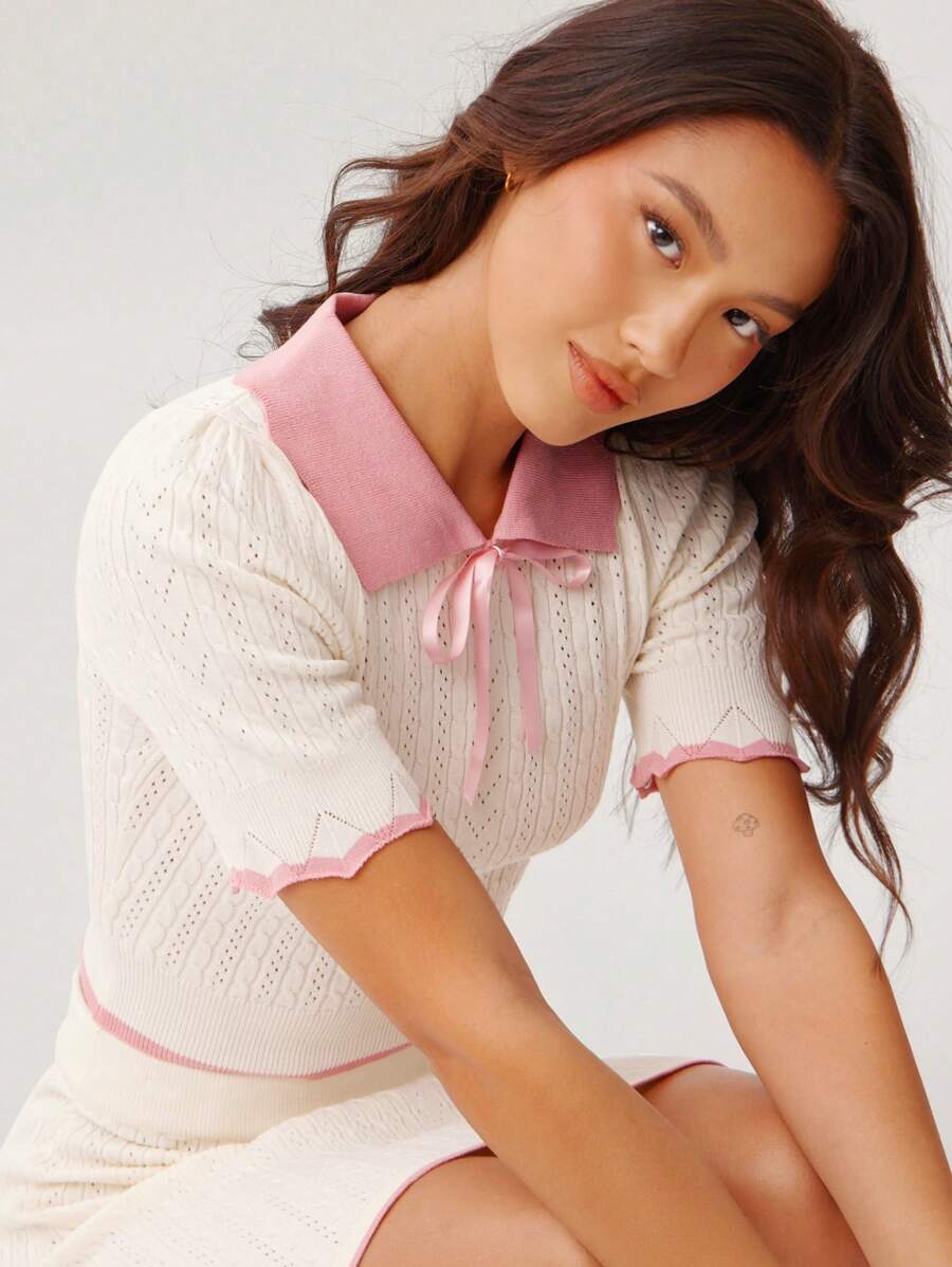 WESTFADE 西部乡村双色拼色牛仔女装扇形领可爱蝴蝶结前短袖合身短款麻花针织上衣牛仔女装牛仔竞技纳什维尔度假春夏海滩优雅欧洲 - 彩色 - 查看 1