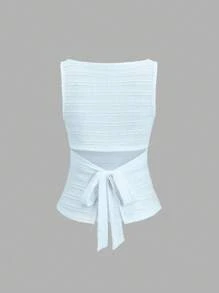 Sweetra Women's Solid Color Frill Trim Round Neck Pleated Camisole White Home - Baby Blue - View 2