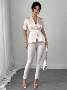 SHEIN Clasi Blus Elegan Wanita Warna Polos dengan Kerah Berkerut dan Lengan Pendek Mengembang - Aprikot - View 4