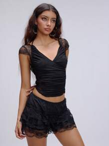 SHEIN Unity Minimalist & Versatile Halter Neck Ruched Lace Spring/Summer T-Shirt - Black - View 6