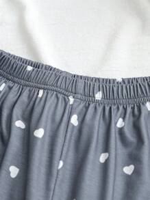 2pcs Girls Casual Sleepwear Set, Soft Cute Rabbit & Bear Graphic Tee With Ruffle Trim Crew Neck Short Sleeve Top And Ruffle Heart Print Long Pants, Light Blue And Dark Gray - Multicolor - View 3