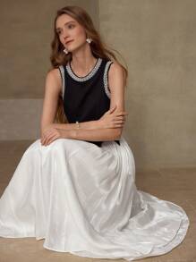 MOTF 仿珍珠串珠褶饰连衣裙 - 黑與白 - 查看 5