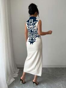 Elenzga 女士优雅花卉印花镂空腰部中长连衣裙，夏季 - 藏蓝色 - 查看 2