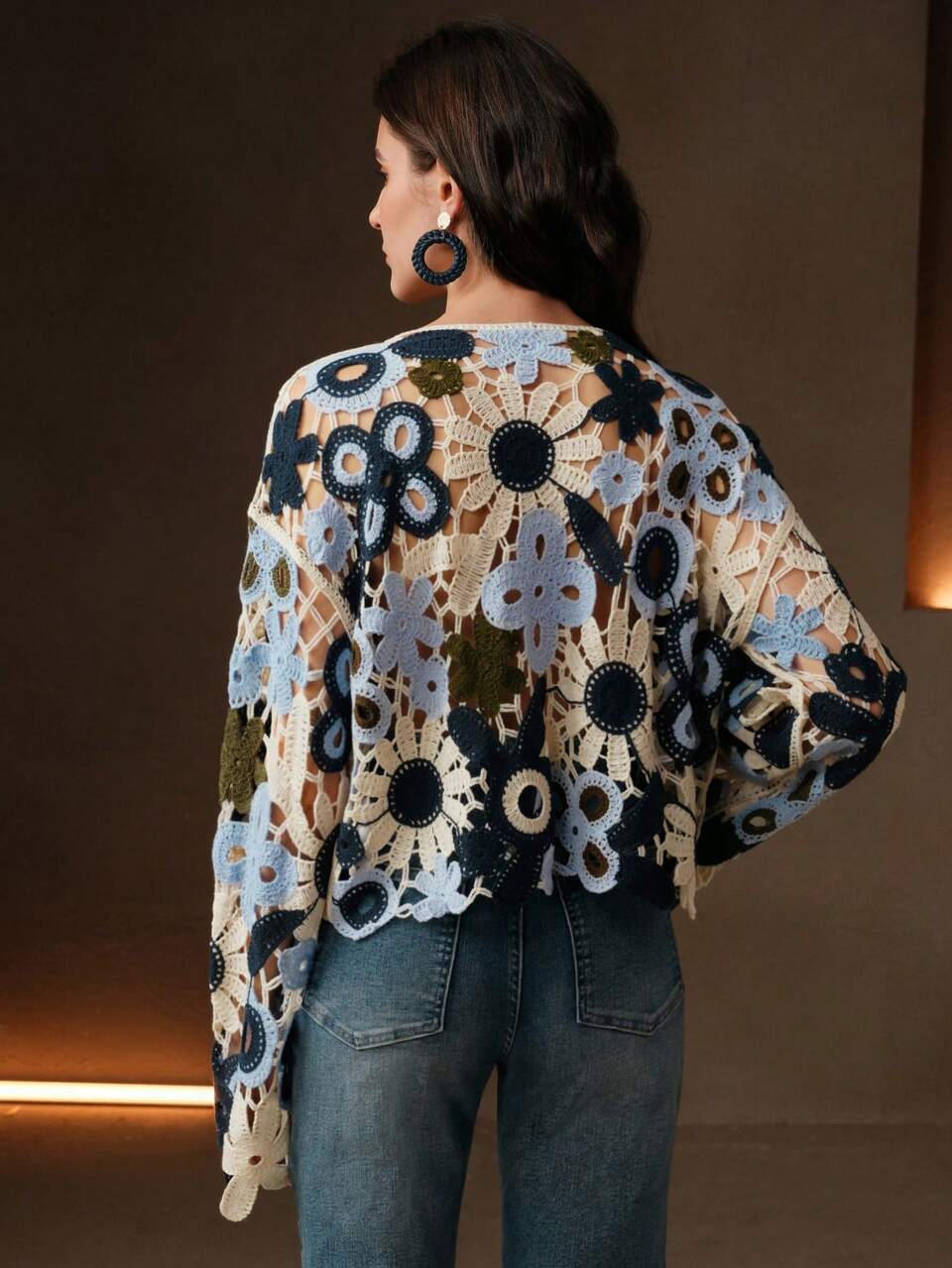 Women Flower Hollow Knitted Long Sleeve Pullover Cover Up For Summer Beach Vacation