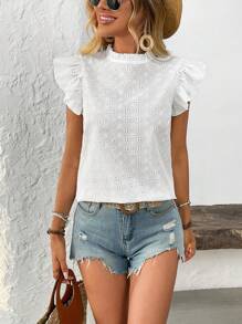 Breezaya Women's Hollow Out Embroidered Cherry Print Round Neck Cap Sleeve Blouse, Spring/Summer - White - View 6