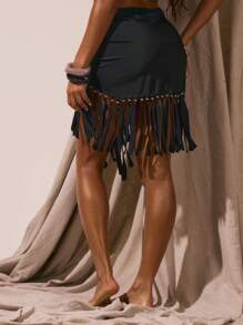 Musera Resort Tie Beaded Fringed Sarong Cover Up Skirt Spring Summer Vacation Sexy Boho Ibiza Festival Beach Swim Black Carnival Holiday - Black - View 4