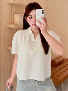 Dazy Plus Solid Color Polo Collar Short Sleeve Regular Fit White Summer T-Shirt Women Summer Sets,Business Casual Women