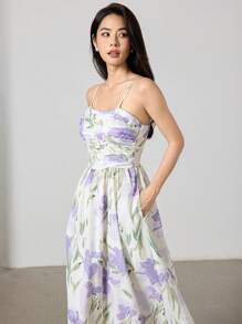 Modelyn Women's Floral Print Ruched Casual Cami Dress - Green - View 1