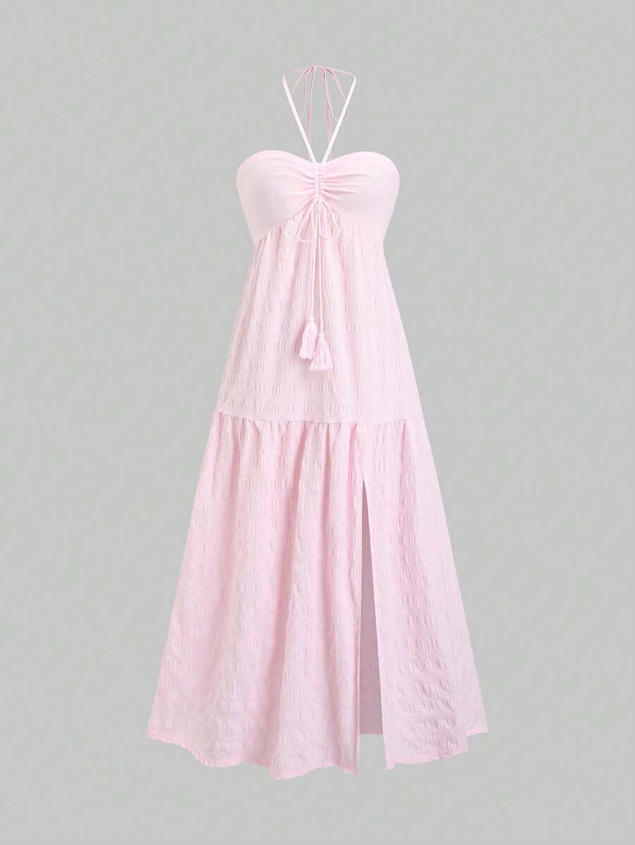 Sweetra Vestido de mujer sin mangas con cuello halter y espalda descubierta con abertura, nuevo estilo europeo de moda para verano con cintura anudada, casual, de fiesta y elegante en color rojo - Rosa - Ver 1