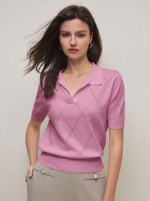 BizChic Women's Autumn Lavender Purple Polo Collar Diamond Knit Short Sleeve Pullover Sweater, Basic Minimalist Elegant Business Casual Office Wear - Pink - View 5