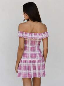 Roylia Women's Off Shoulder Ruffle Hem Plaid Mini Dress For Summer - Pink - View 2