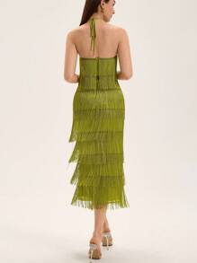 Aveloria Rosie Solid Color Multi-Layer Fringe Flowy Vacation Backless Sleeveless Criss-Cross Halter Sexy Dress For Women Elegant Fashionable Style For Summer Spring Fall Autumn - Green - View 2