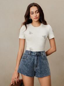 Anewsta Fashionable Sparkle Embellished Denim High-Waisted Shorts - Blue - View 3