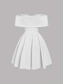 SHEIN MOD 系带蝴蝶领露肩设计腰部喇叭连衣裙 - 白色 - 查看 2