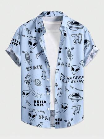 Prep Chemise à manches courtes à boutons, imprimé alien, style décontracté, pour l'été