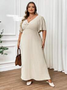 SHEIN CURVE+ Plus Size Casual Elegant V-Neck Cinched Waist A-Line Long Dress, Suitable For Holiday Graduation Dress/ Graduation Dresses For Women/ White Graduation Dress/ Graduation Outfit.,Summer Outfits For Womenbeach Outfits For Woman/Beach Dress/Beach Vacation Outfits/Beach Essentials / Graduation/Tea Party Dresssummer/Country/Beach Vacation Outfits/Beach Outfits/Beach Wear