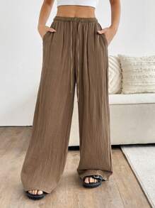 SHEIN EZwear Plus Size Women's Solid Wrinkle Textured Loose Drawstring Waist Tie-Up Wide Leg Casual Loose Fit Palazzo Pants, Summer,Summer Pants Pantalones De Mujer