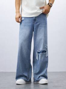 Manfinity Homme Men's Washed Distressed Wide Leg Jeans - Blue - View 5