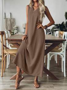 EMERY ROSE Vestido maxi suelto y cómodo de unicolor, con cuello en V y sin mangas, para mujer