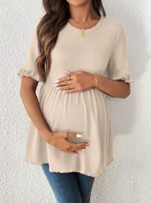 SHEIN Round Neck Ruffle Solid Color Casual Short Sleeve Nursing Top, Summer,Maternity Clothes,Maternity Clothes - Apricot - View 4