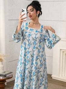 Women's Turkish Abaya & Arabian Traditional Maxi Dress, Modest Kaftan - Blue - View 5