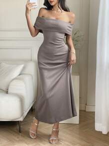 DAZY Đầm midi bó sát hở vai mùa hè cho nữ - Xám - Xem 3