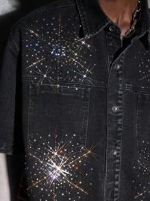 Men's Fashion Streetwear Style Woven Rhinestone Decor Short Sleeve Shirt - Black - View 7