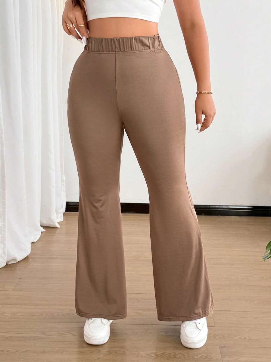 Flirla Pantalones rectos de talla grande de cintura alta, de color marrón, elásticos y de ajuste cómodo, versátiles y