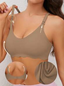 SHEIN 孕妇及哺乳期纯色贝壳边细肩带文胸内衣 - 咖啡棕 - 查看 4