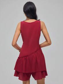 Roylia Women's Elegant Sweetheart Neck Drawstring Ruffle Hem Fitted Romper, Summer - Red - View 2