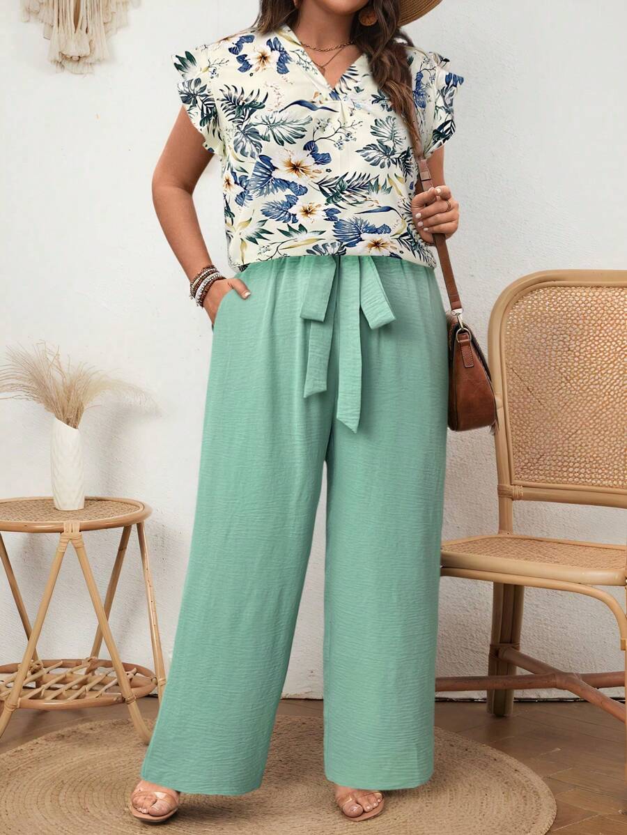 SHEIN LUNE 大码女式两件套：碎花盖袖上衣搭配蝴蝶结和纯色阔腿裤 夏季波西米亚风复古女士夏季服装 春假狂欢服装 节日春假服装 休闲优雅碎花度假服装 女士复活节连衣裙 复活节服装女士