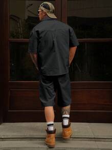 DAZY 男士纯色短袖衬衫两件套，春夏工作服 - 黑色 - 查看 2