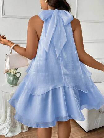 SHEIN Frenchy Plus Size Elegant Dam Klänningar Pärlemorskimrande Crinkled Chiffong Grimma Rosett Layered Cake Dress