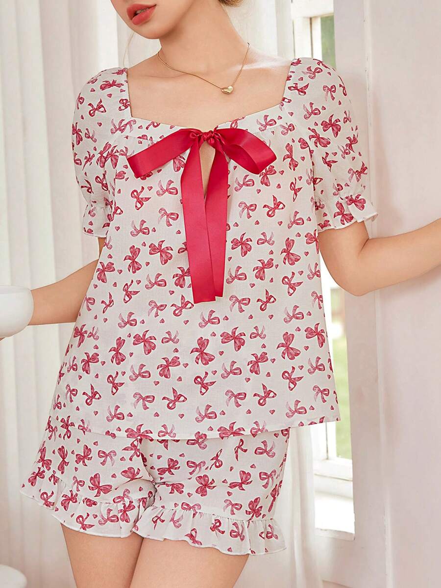 Dream Adore 浪漫蝴蝶结心形印花方领缎带夸张蝴蝶结装饰睡衣套装节日季