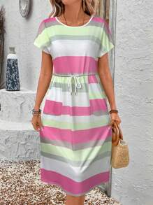 EMERY ROSE Women's Striped Drawstring Waist Slant Pocket Casual Dress For Summer - Multicolor - View 4