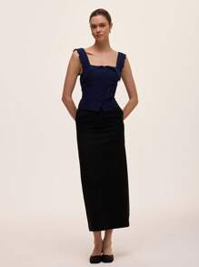 SHEIN Unity 女士休闲百搭修身荷叶边袖衬衫 - 藏蓝色 - 查看 3