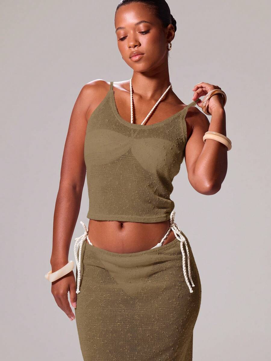 Musera Resort Áo hai dây dệt kim kiểu dáng Boho Ibiza, dễ thương và gợi cảm, thích hợp mặc ngoài trời cho kỳ nghỉ hè, đi biển, đồ bơi mùa xuân. - Màu Khaki - Xem 1