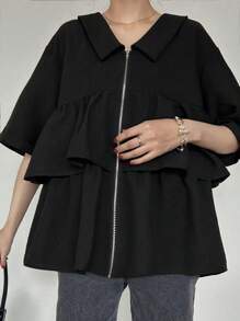 FRIFUL Women Shirt Ruffled Blouse, Summer - Black - View 7