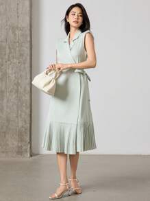 Heiryn Vestido elegante de verano de mujer con diseño envolvente y bajo plisado en un solo color