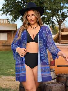 LanaWest Plus Size Allover Print Sheer Vacation Long Sleeve Kimono For Summer - Multicolor - View 4