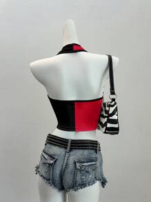 SHEIN EZwear 女士休闲露背上衣，数码印花字母图案，适合夏季、度假、音乐节和返校季穿着，波西米亚风格