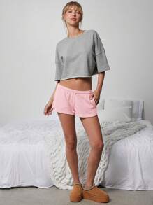 Cute Mid Rise Tie Front Textured Knit Lounge Shorts - Pink - View 11