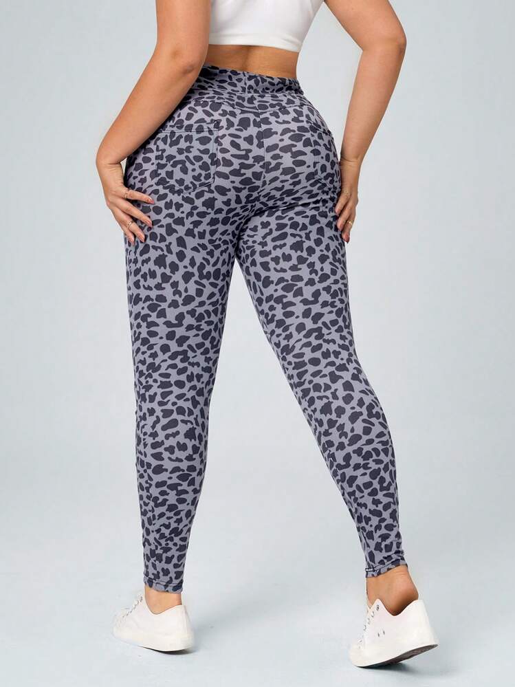SHEIN Essnce Plus Size Denim Texture Knit Sports Style Leggings - Multicolor - View 2