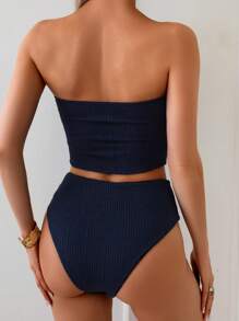 SHEIN Swim 春假女式两件套泳衣套装，纹理面料，贝壳和海星装饰，高腰成人沙滩泳裤 - 藏蓝色 - 查看 2