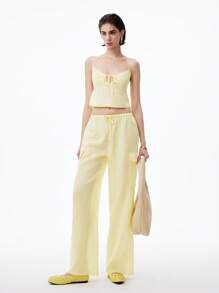 LYSMO 女士两件套露背上衣和裤子套装，适合日常穿着 - 黃色 - 查看 5