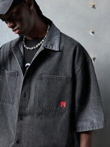 NEON BLANC 男士街头时尚梭织牛仔短袖宽松衬衫，街头风版 - 深灰色 - 查看 7