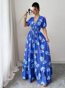 Elenzga Women Floral Print Deep Shirred Short Sleeve Super Long Dress - Dusty Blue - View 4