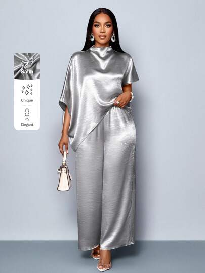 SOLERSUN Women's Fashionable Solid Color Elegant Mock Neck Stylish And Sophisticated Batwing Sleeve Satin Asymmetrical Hem Blouse & Straight-Leg Elegant Long Pants Sets