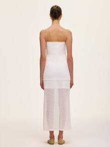 Chiquease Abito elegante da donna con colore unito, senza spalline, con inserti in pizzo e orlo a contrasto e con taglio a righe - Bianco - Visualizzare 2